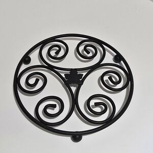 Longaberger Wrought Iron Trivet Round Black Scroll Maple Leaf 8 Inch Farmhouse